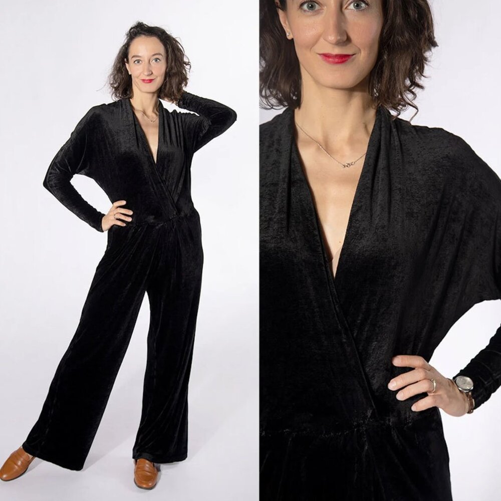 Vintage 1980s Black Crushed Velvet Rayon Jumpsuit 80s Soft Slinky Medium